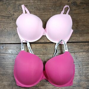 TWO Victorias Secret Bra 36DDD T-Shirt Push Up Full Coverage Hot Pink Underwire